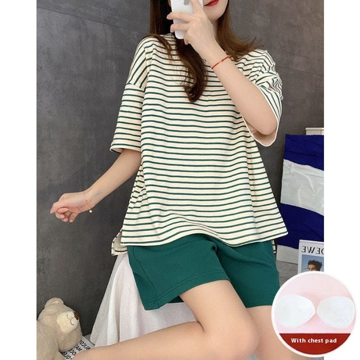 2023 Summer New Ladies Belt Chest Pad Striped Explosion Version Short Sleeve Shorts Trousers Can Be Outerwear Homewear