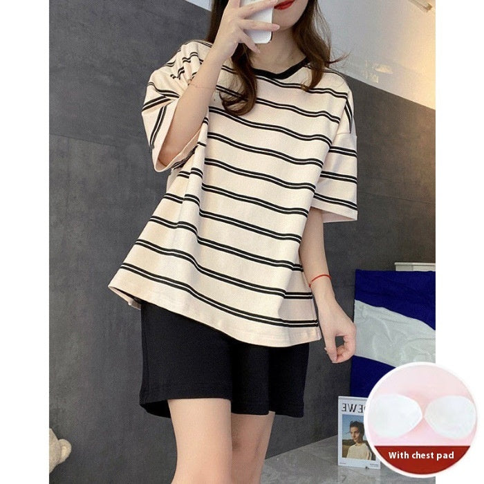 2023 Summer New Ladies Belt Chest Pad Striped Explosion Version Short Sleeve Shorts Trousers Can Be Outerwear Homewear