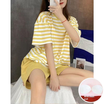 2023 Summer New Ladies Belt Chest Pad Striped Explosion Version Short Sleeve Shorts Trousers Can Be Outerwear Homewear