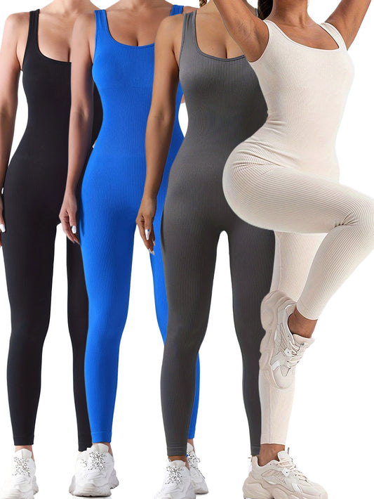 4 Pack Women's Ribbed Solid Color One-Piece Jumpsuit, Form-Fitting Sensual Activewear, Classic Sleeveless Full-Length Pants For Sport Casual Wear