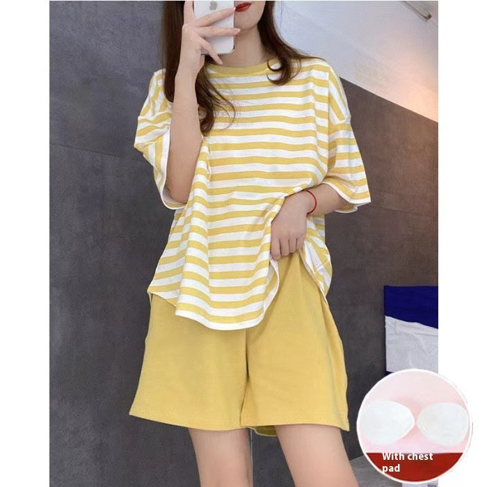 2023 Summer New Ladies Belt Chest Pad Striped Explosion Version Short Sleeve Shorts Trousers Can Be Outerwear Homewear