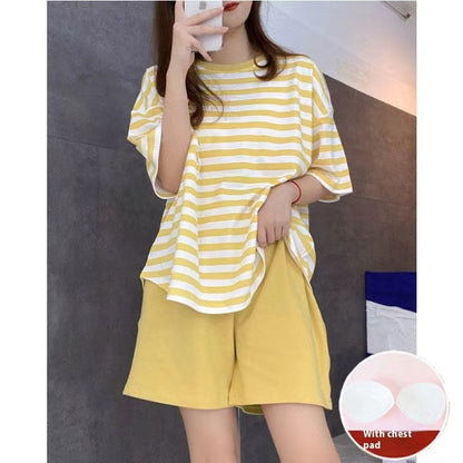 2023 Summer New Ladies Belt Chest Pad Striped Explosion Version Short Sleeve Shorts Trousers Can Be Outerwear Homewear